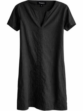 Theory Black Linen Blend Short Sleeve Shift Dress V-Neck Size S